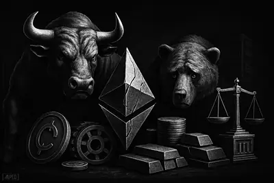 A monochrome bull stands strong beside a weakened crystalline form and a tense bear amid vault machinery, scales, and dark server infrastructure.