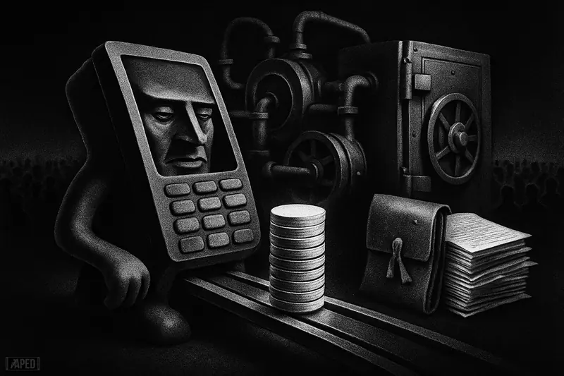 A metallic payment machine sends digital tokens down rails toward crowds, while a looming vault and legal papers suggest stablecoin growth and a closing lawsuit.