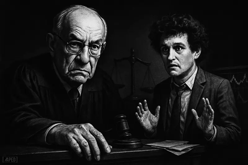 Judge Kaplan looms sternly over a slouched Sam Bankman-Fried in a dark courtroom scene with legal symbols and a faint data grid.