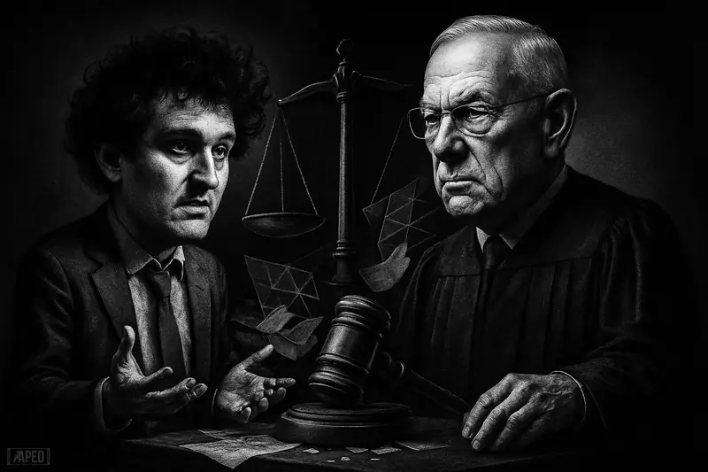 A grayscale courtroom-style caricature shows Sam Bankman-Fried pleading before a stern Judge Kaplan amid shattered finance imagery and legal symbols.