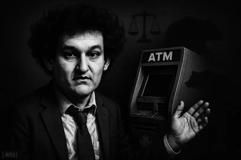 A grayscale caricature of Sam Bankman-Fried beside a shadowy crypto ATM, surrounded by legal symbols and a looming bear in a dark grid backdrop.