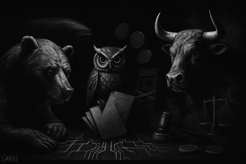 A grayscale bear, bull, whale, and mechanical owl confront each other in a dark crypto market scene with regulatory symbols and a shuttered machine.