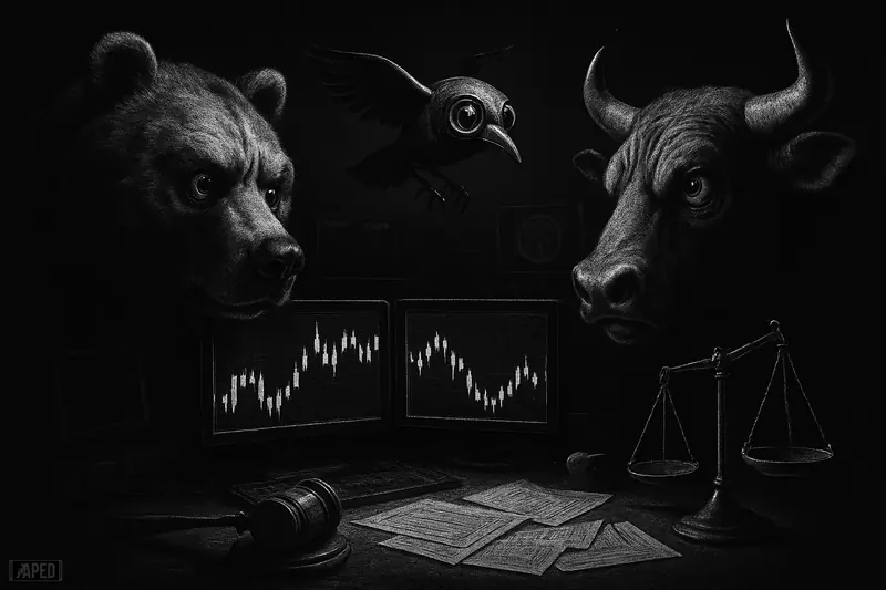 A grayscale trading desk scene with a tense bear, cautious bull, AI raven, and regulatory symbols under dark cinematic lighting.