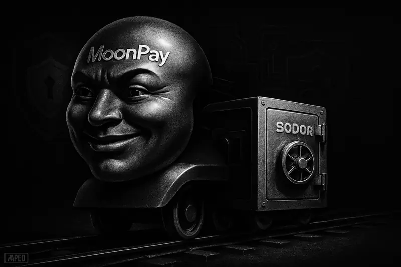 A moonlike payment machine advances on rail tracks carrying an armored vault device through a dark grayscale financial-tech scene.