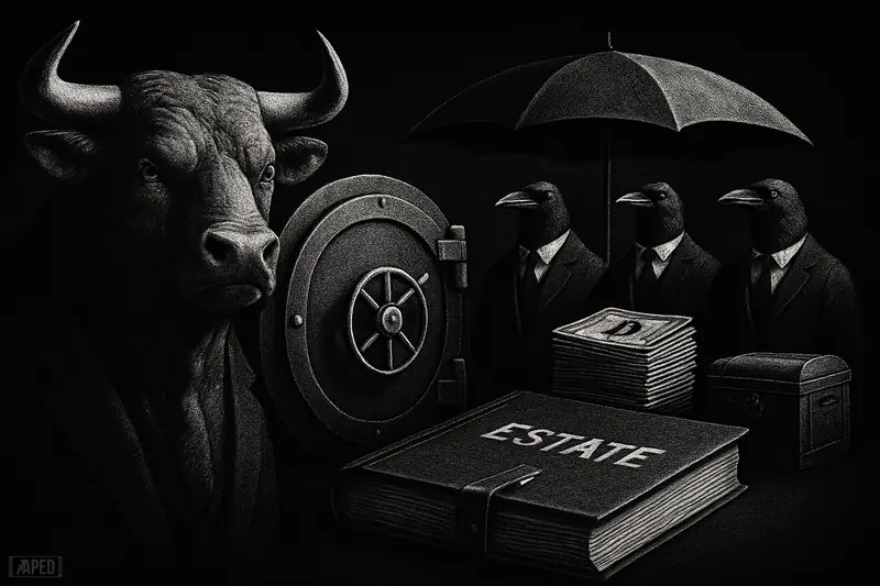 A stern bull beside a sealed vault and estate ledger under moody lighting, symbolizing Bitcoin-based life insurance and inheritance planning.