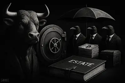 A stern bull beside a sealed vault and estate ledger under moody lighting, symbolizing Bitcoin-based life insurance and inheritance planning.