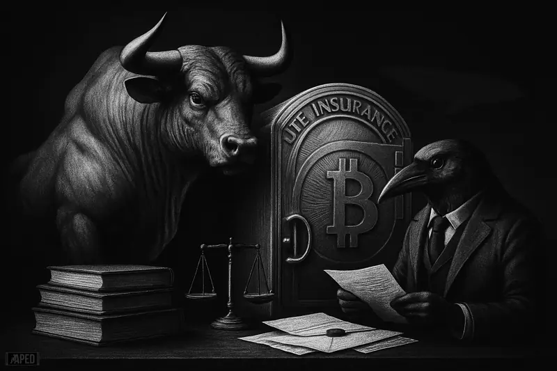 A grayscale bull guards a grand financial vault while a raven reviews estate papers in a dark, moody institutional crypto scene.