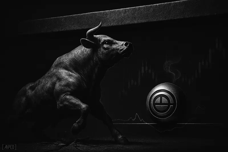 A tense grayscale bull rises from a low point beneath a stubborn overhead barrier, with a shadowy crypto orb and faint market grid behind.