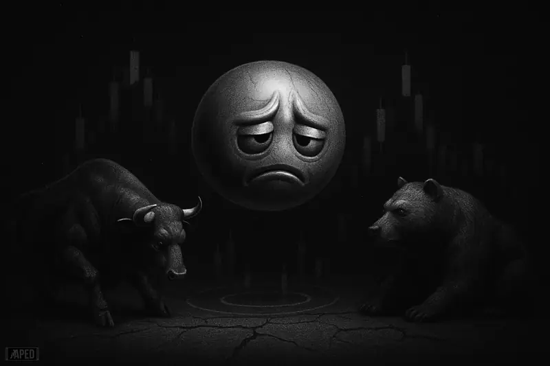 A strained metallic orb hovers in a stalled rebound above a dark trading floor, with motionless bull and bear figures under moody grayscale lighting.