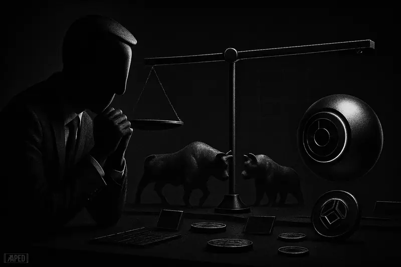 A grayscale crypto market scene shows a frozen trader, a level balance beam, a Worldcoin-like orb, and motionless bull and bear figures.