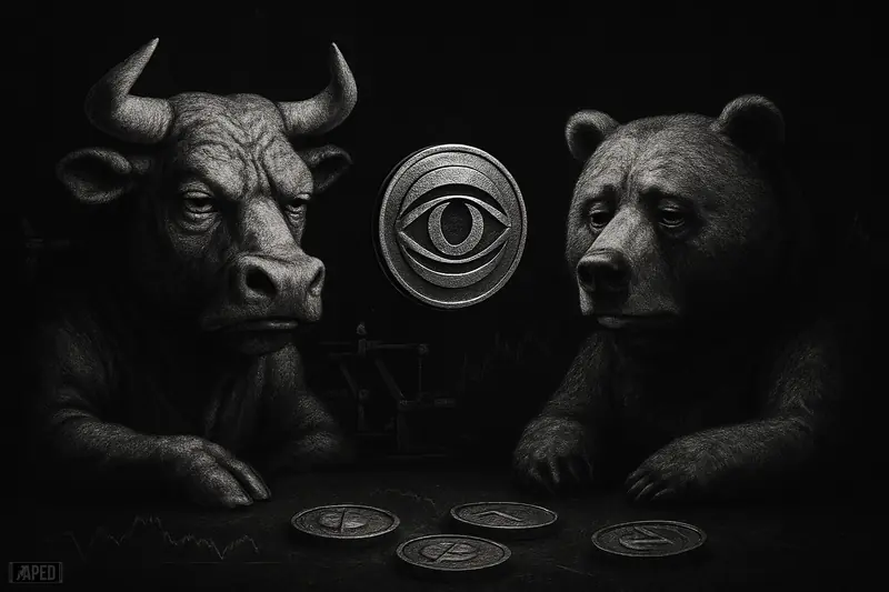 A bored bull and bear sit frozen beside a hovering iris-like globe in a dark grayscale crypto market scene.