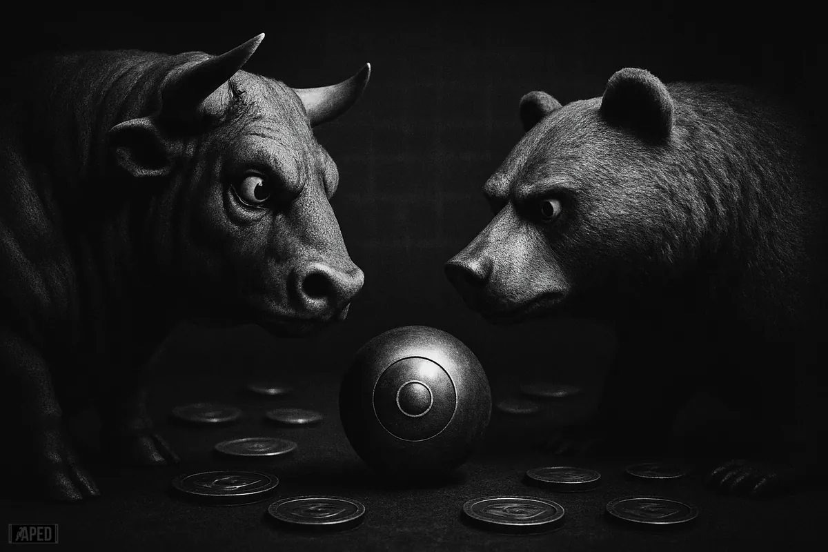A grayscale bull and bear stare each other down over a metallic orb, frozen in a dark market standoff with no momentum.
