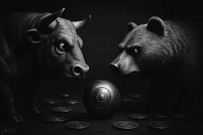 A grayscale bull and bear stare each other down over a metallic orb, frozen in a dark market standoff with no momentum.