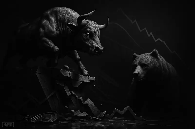 A distressed bull falls from a broken ledge as a bear waits below in a dark grayscale market-collapse scene.
