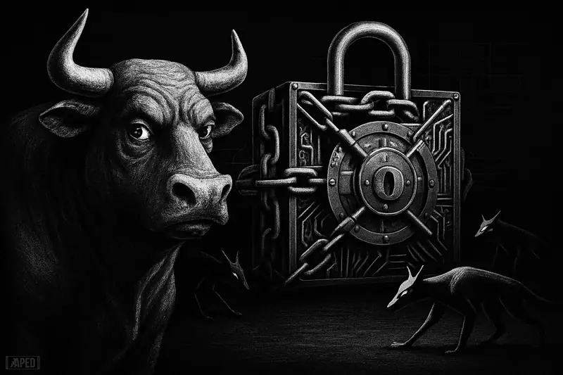 A calm bull faces a fortress-like blockchain machine as metallic wolf shapes circle in a dark grayscale data-grid environment.