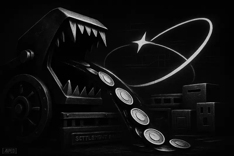 A monochrome steel payment machine spits metal coins into a star-linked financial network against a dark grid backdrop.