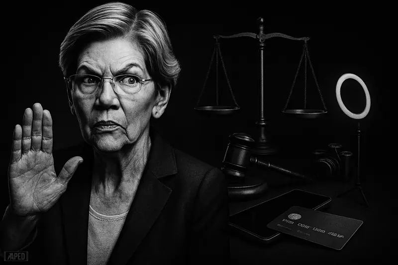 Elizabeth Warren caricatured in a dark editorial scene, warning toward fintech payment tools beneath regulatory symbols and shadowy creator-economy props.