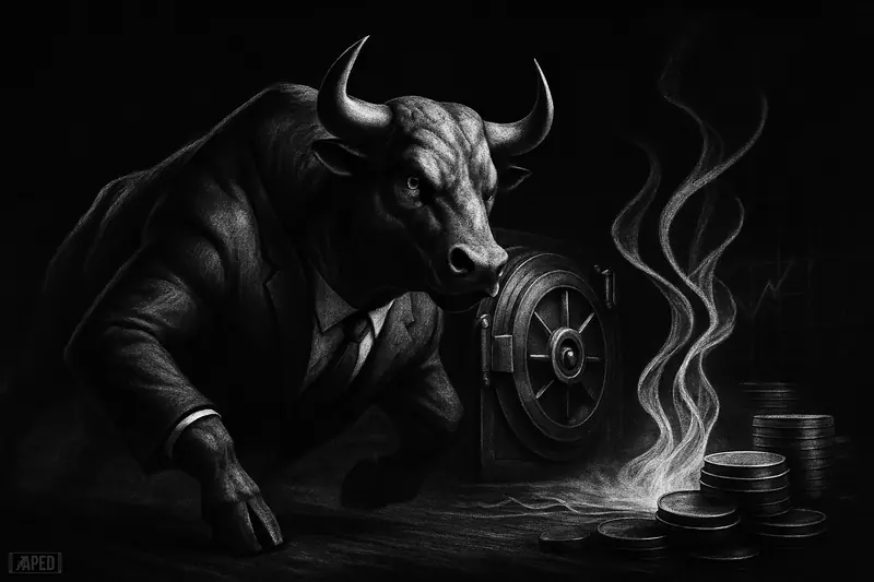 A suited bull charges through a dark trading-floor scene with metallic tokens, vault machinery, and a glowing liquidity pool in grayscale.