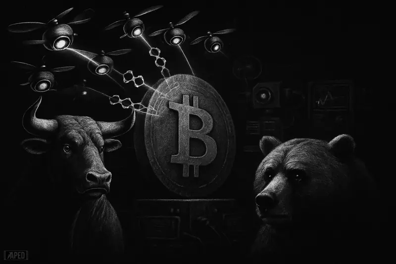 A grayscale bull and bear face dormant Bitcoin symbolism while AI drones scan it in a dark, tense market scene.