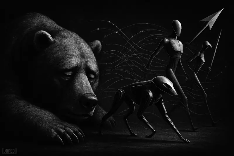 A sleepy market beast slumps in front as energetic AI machines and trading instruments move through a dark grayscale crypto scene.