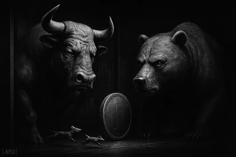 A frozen bull and bear flank a trapped metallic disk as smaller creatures drift away in a dark grayscale trading scene.
