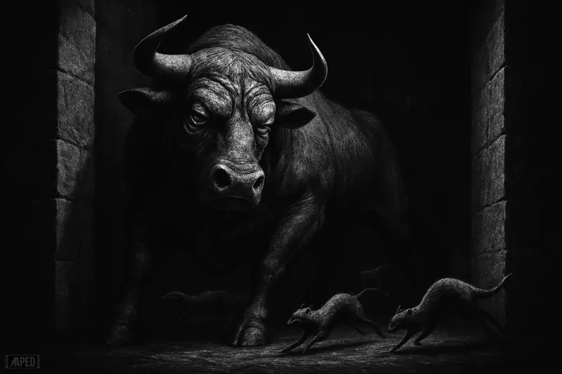 A trapped bull stands nearly motionless in a narrow corridor while smaller creatures swirl around it in a dark grayscale market scene.