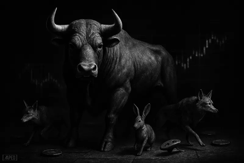 A still bull in a dark trading-floor scene while smaller animals move around it, suggesting quiet markets and selective altcoin rotation.