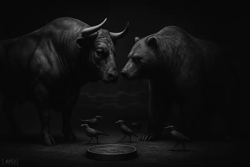A grayscale bull and bear face off motionless in a narrow corridor while small birds circle below in a dark data-grid setting.