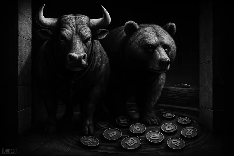 A restrained bull and bear in a narrow corridor while smaller swirling symbols orbit below, suggesting quiet crypto markets and altcoin rotation.