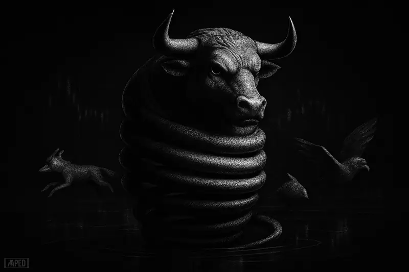 A tense spring-like bull-serpent hovers over a dark trading floor as smaller creatures rotate around it in grayscale cinematic light.