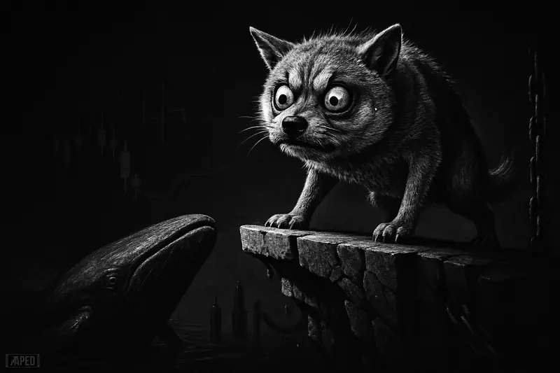 A distressed Shiba Inu stands on a crumbling ledge above a dark abyss while a whale rises below in a grayscale financial metaphor.