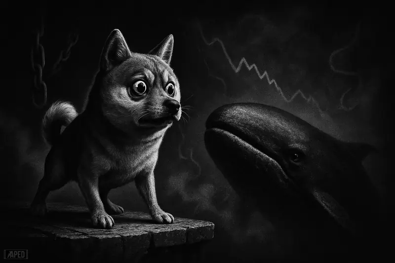 A distressed Shiba Inu balances on a cracked ledge while a looming whale rises from shadows in a dark grayscale market scene.