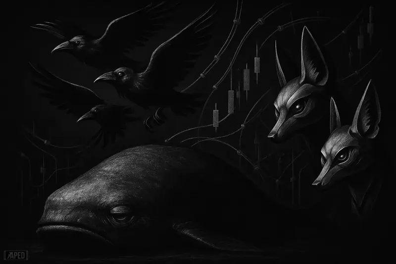 A giant still whale looms as metallic birds and foxes surge around it in a dark grayscale crypto market scene.