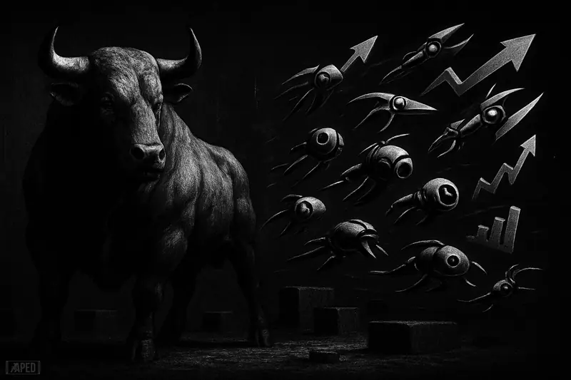A motionless bull stands in shadow as sleek AI machines sweep past, symbolizing a flat bitcoin market and rotation into AI tokens.