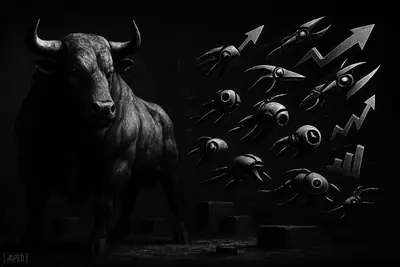 A motionless bull stands in shadow as sleek AI machines sweep past, symbolizing a flat bitcoin market and rotation into AI tokens.
