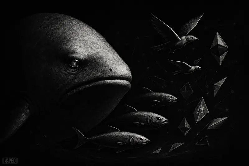A giant still whale dominates a dark market scene as smaller aggressive creatures stream away into the shadows, suggesting sector rotation.