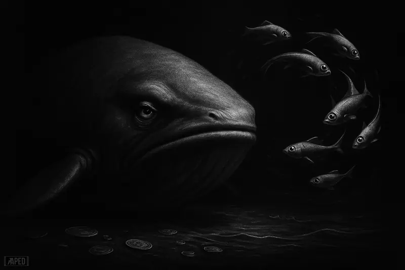 A giant still whale dominates a dark grayscale scene while smaller fish circle around it, suggesting quiet Bitcoin trading and altcoin rotation.