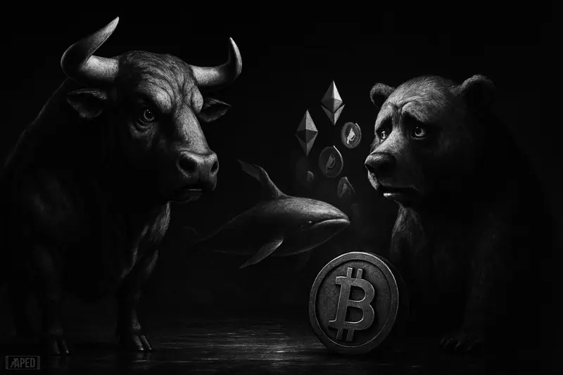 A grayscale bull and bear stand frozen while a metallic whale moves toward smaller crypto symbols in a dark data-grid scene.