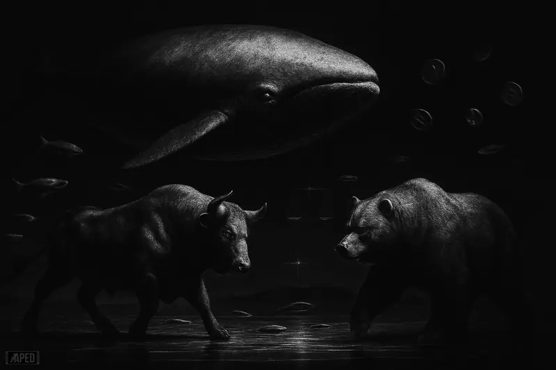 A grayscale whale, bull, and bear stand frozen in a dark market scene while smaller fish circle, suggesting stalled crypto trading and altcoin rotation.