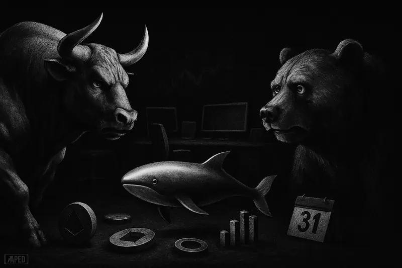 A grayscale bull, bear, and metallic whale freeze in a dark trading scene, capturing a stagnant crypto market waiting for movement.