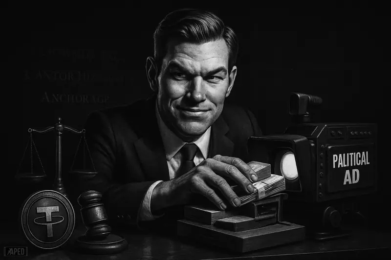 Bo Hines caricature in a dark political-finance scene, steering money toward ad equipment amid shadowy stablecoin and lobbying symbols.