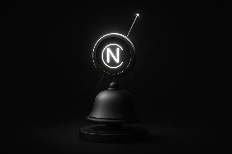 A luminous digital coin hovers above a dark stock exchange bell, casting neon reflections across a sleek black grid.