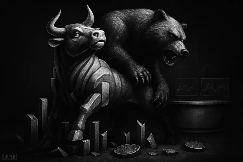 A metallic bull pushes upward while a dark bear restrains it, with broken market symbols behind them in a grayscale finance scene.