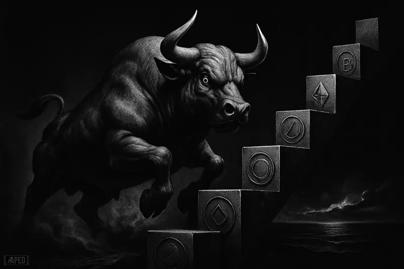 A grayscale bull charges up a jagged crypto path as storm clouds part over a dark sea and faint data grid.