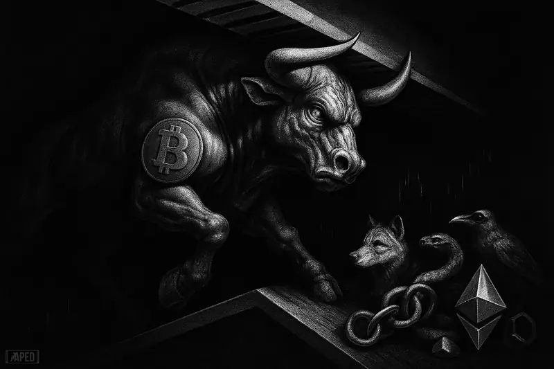 A mechanical bull pushes into a low steel ceiling as smaller creatures and chain links watch, set against a dark data grid.