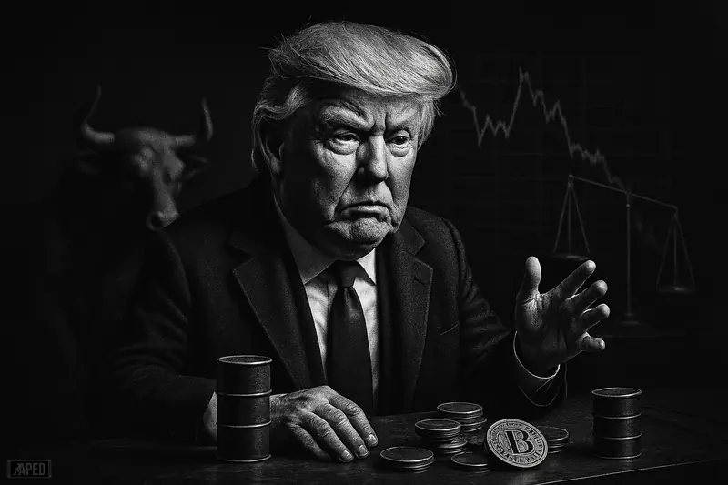 Trump caricature at a shadowy trading desk with oil barrels, crypto tokens, and a ghostly bull in a dark grayscale market scene.