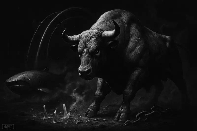 An exhausted but defiant bull stands amid broken chains and market wreckage, with a shadowy whale and dark data-grid background.