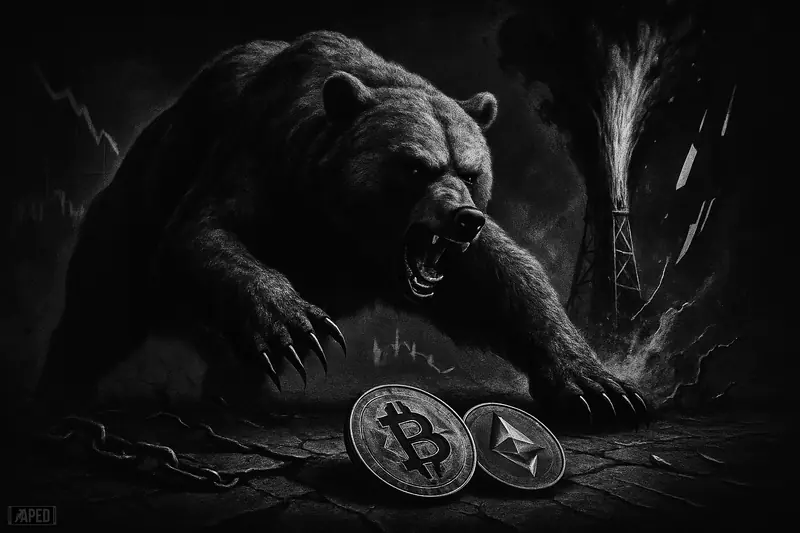 A giant bear attacks battered crypto tokens as an oil eruption surges behind, set against a dark grid in stark black and white.