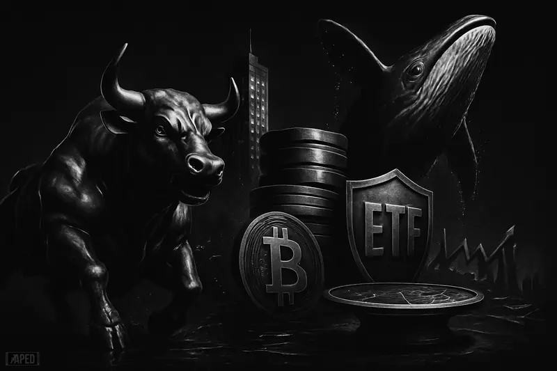 A steel bull and breaching whale surge through a dark trading battlefield, with institutional crypto finance symbols rising behind them in grayscale.
