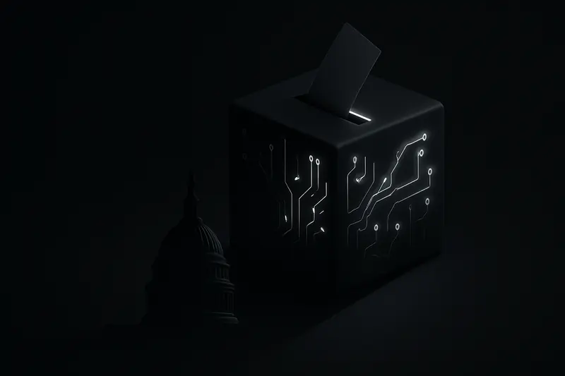 A black ballot box with neon circuitry glows, projecting a long shadow toward a dim, abstract capitol dome.